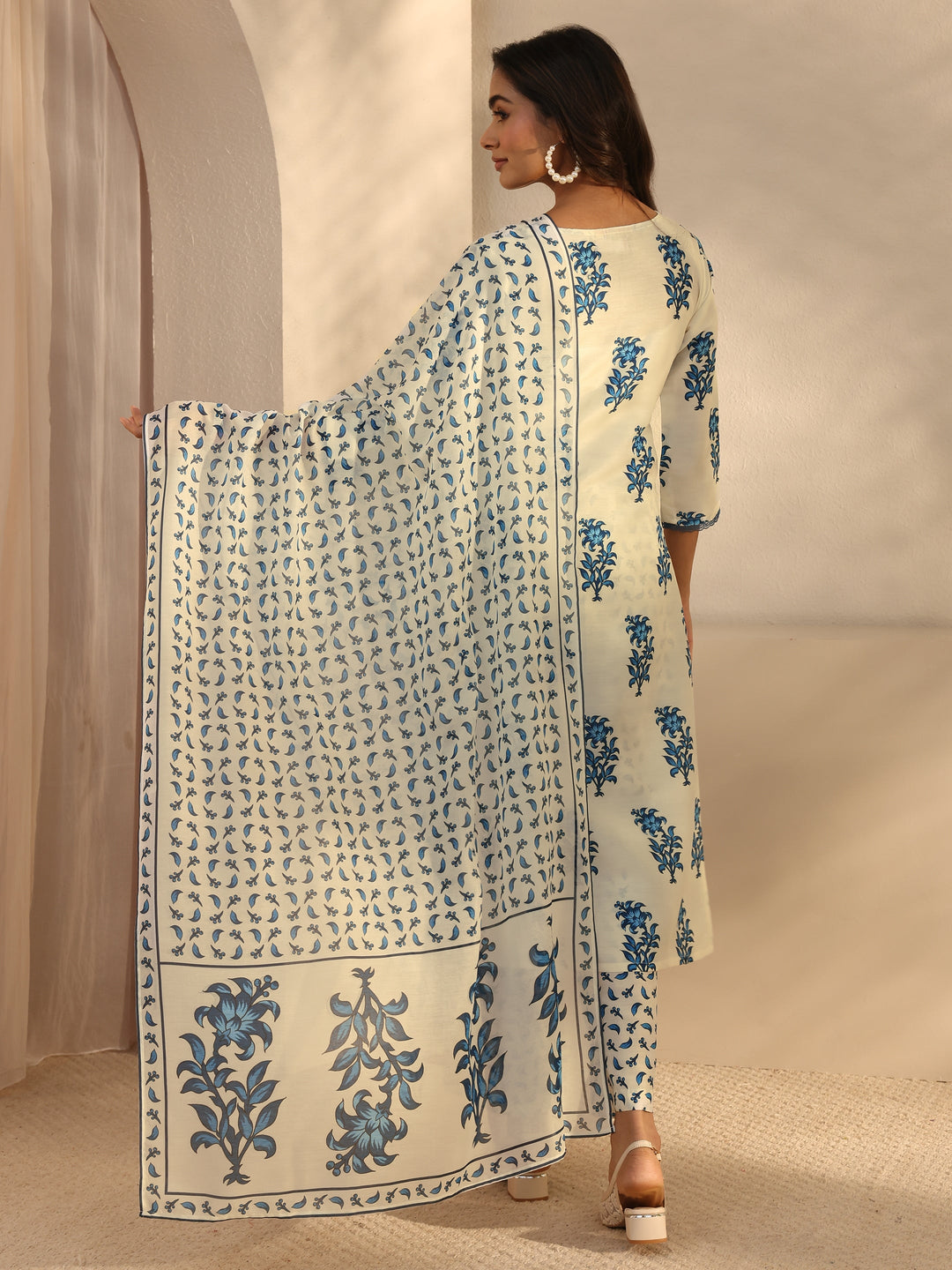Cream Floral Printed Cotton Blend Straight Suits Set With Dupatta