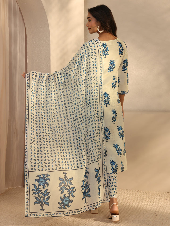 Cream Floral Printed Cotton Blend Straight Suits Set With Dupatta