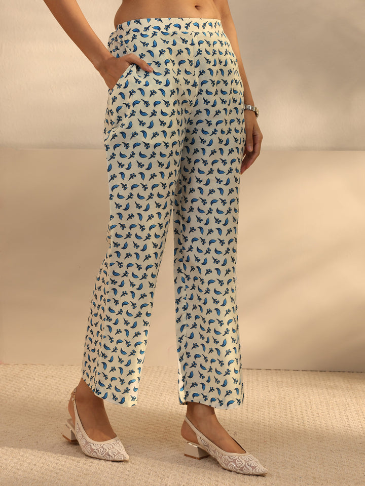 Cream Floral Printed Cotton Blend Straight Suits Set With Dupatta