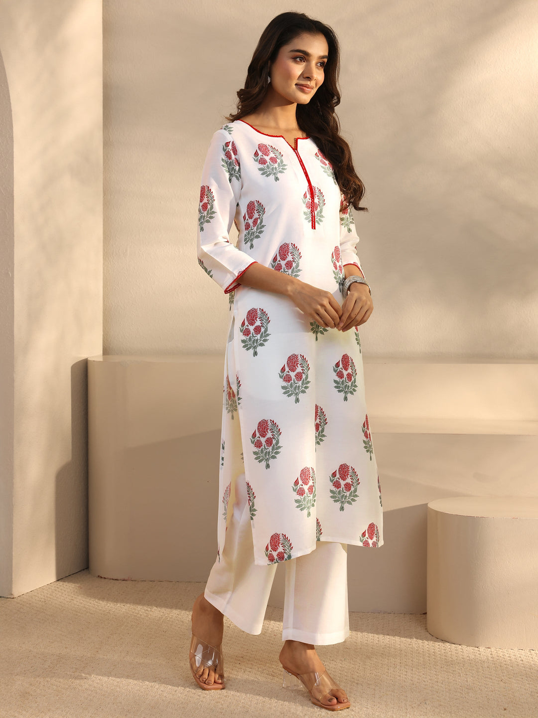 White Floral Printed Cotton Blend Straight Suits Set With Dupatta