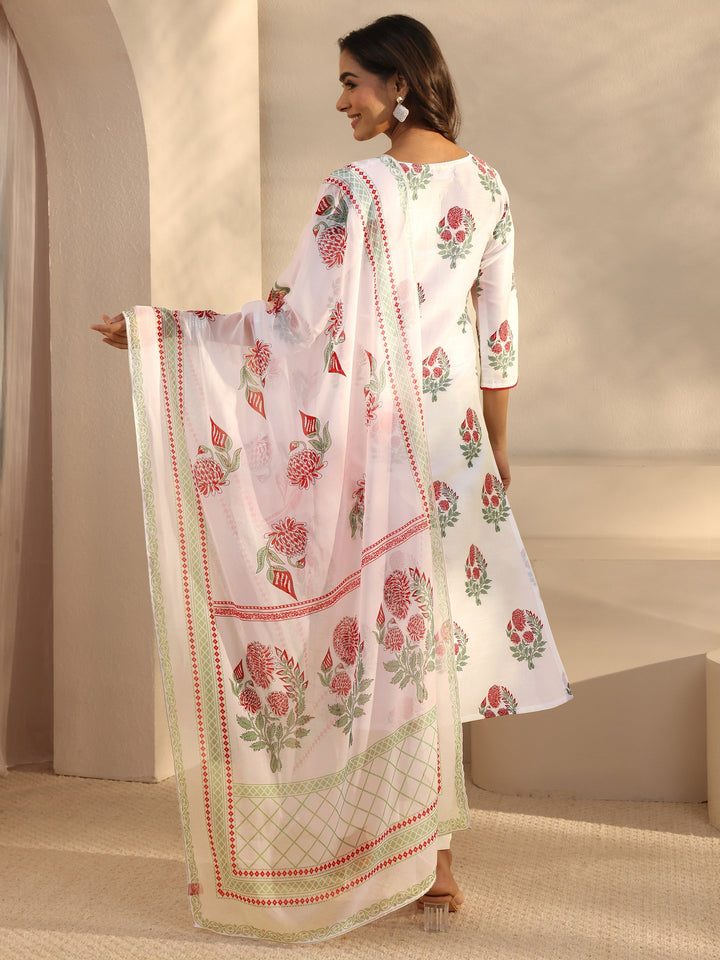 White Floral Printed Cotton Blend Straight Suits Set With Dupatta