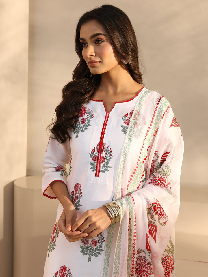 White Floral Printed Cotton Blend Straight Suits Set With Dupatta