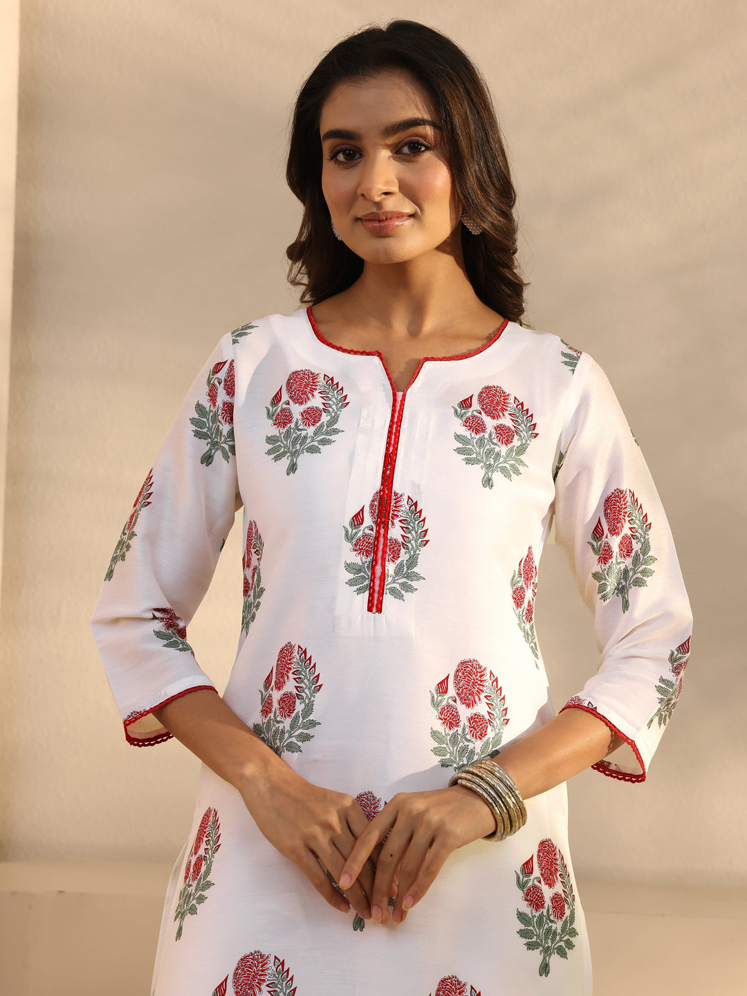 White Floral Printed Cotton Blend Straight Suits Set With Dupatta