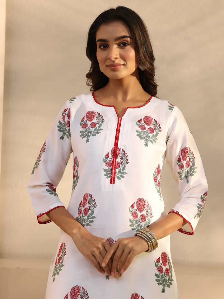 White Floral Printed Cotton Blend Straight Suits Set With Dupatta