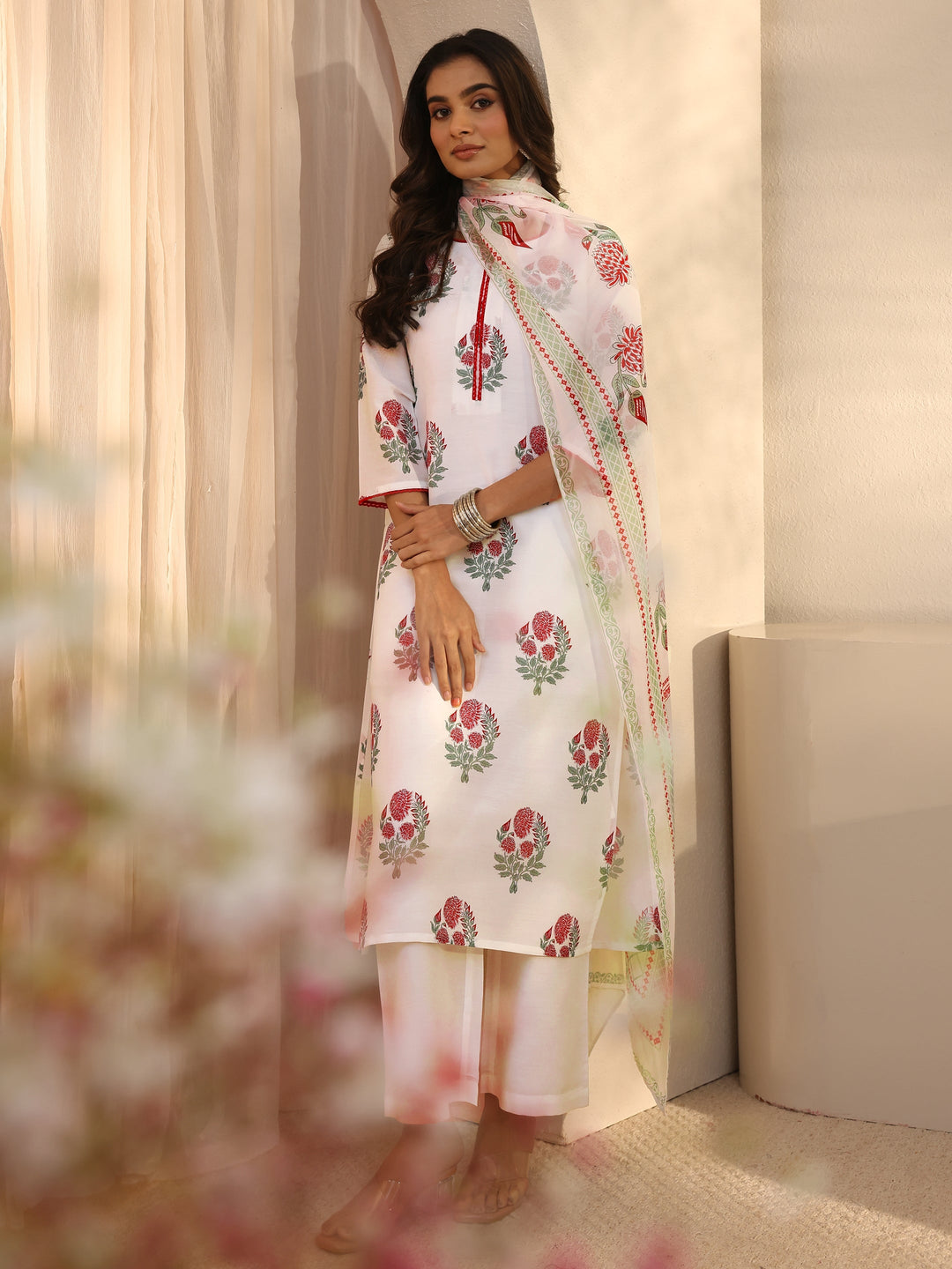 White Floral Printed Cotton Blend Straight Suits Set With Dupatta
