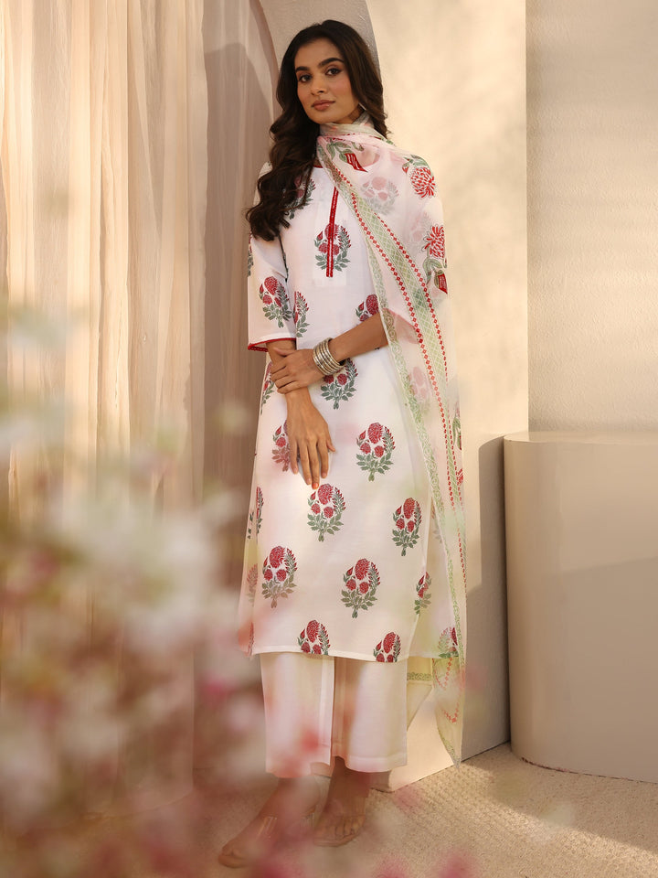 White Floral Printed Cotton Blend Straight Suits Set With Dupatta