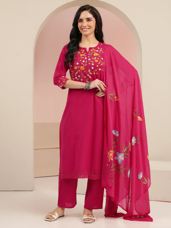 Libas Pink Floral Embroidered Cotton Straight Suit Set