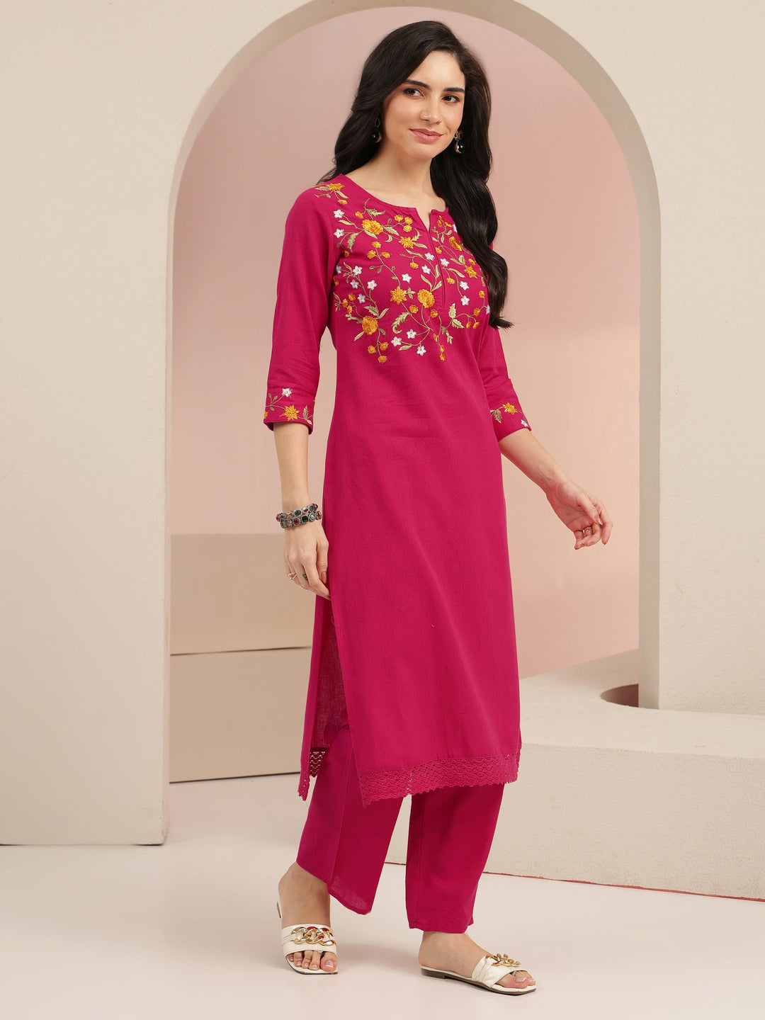 Libas Pink Floral Embroidered Cotton Straight Suit Set