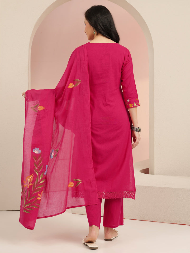 Libas Pink Floral Embroidered Cotton Straight Suit Set