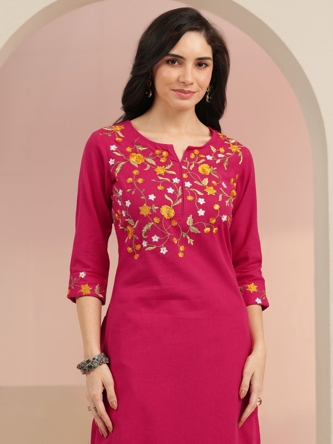 Libas Pink Floral Embroidered Cotton Straight Suit Set