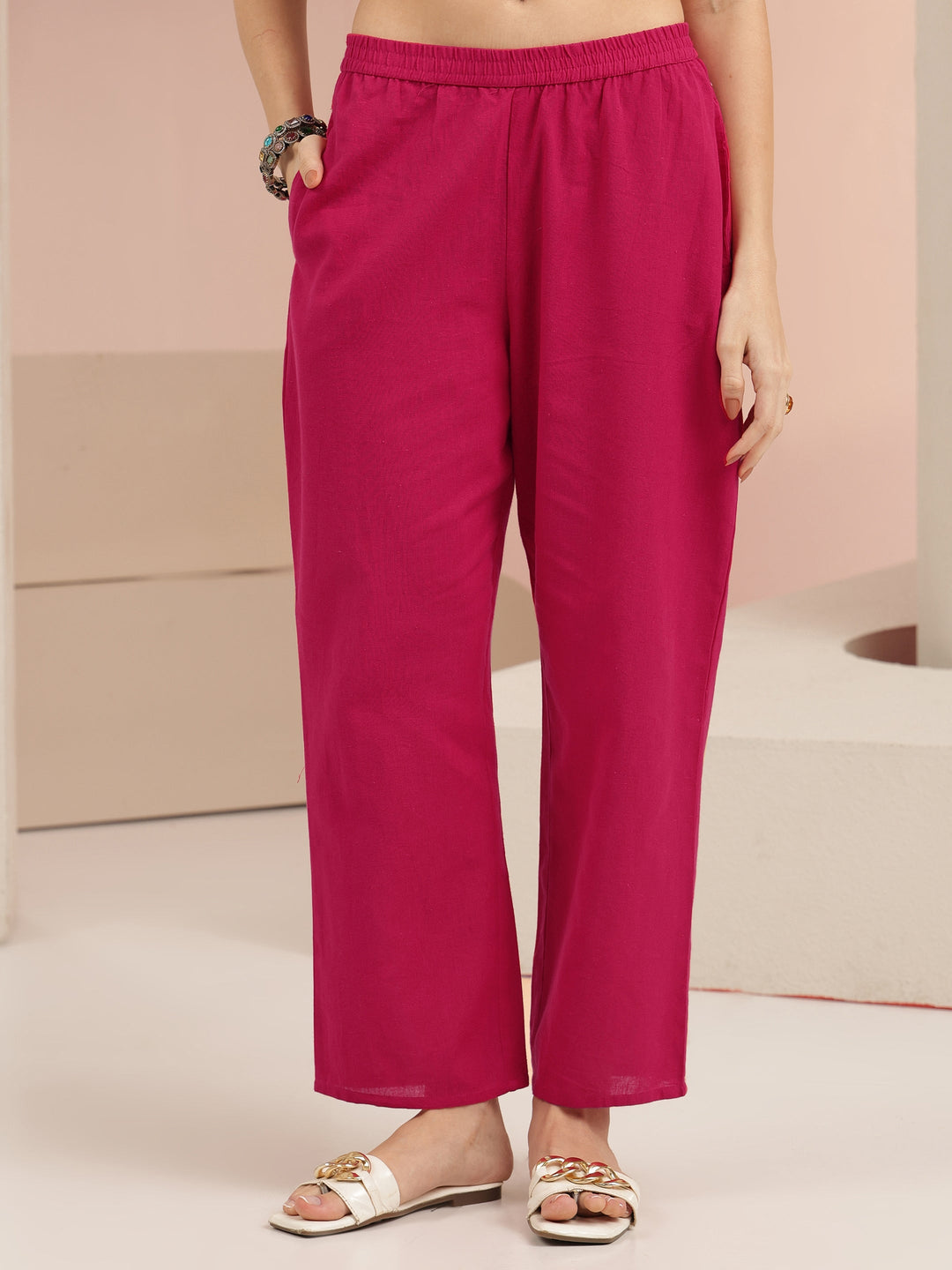 Libas Pink Floral Embroidered Cotton Straight Suit Set