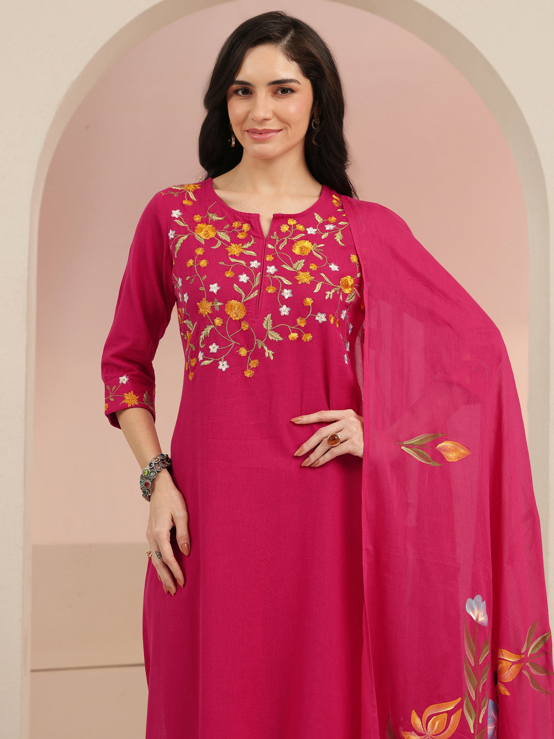 Libas Pink Floral Embroidered Cotton Straight Suit Set
