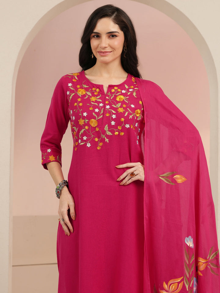 Libas Pink Floral Embroidered Cotton Straight Suit Set