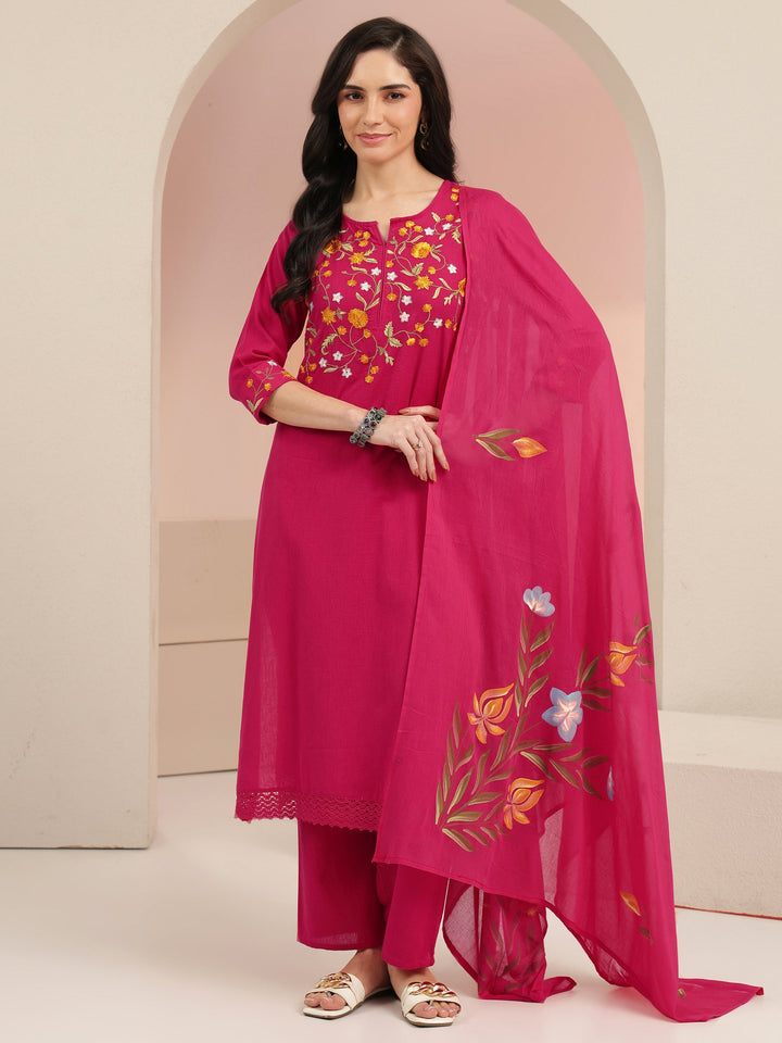 Libas Pink Floral Embroidered Cotton Straight Suit Set
