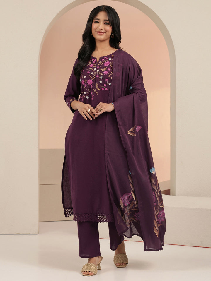 Libas Burgundy Floral Embroidered Cotton Straight Suit Set