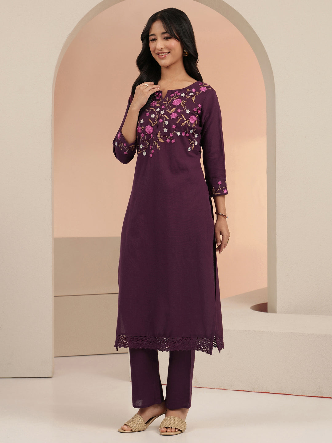 Libas Burgundy Floral Embroidered Cotton Straight Suit Set