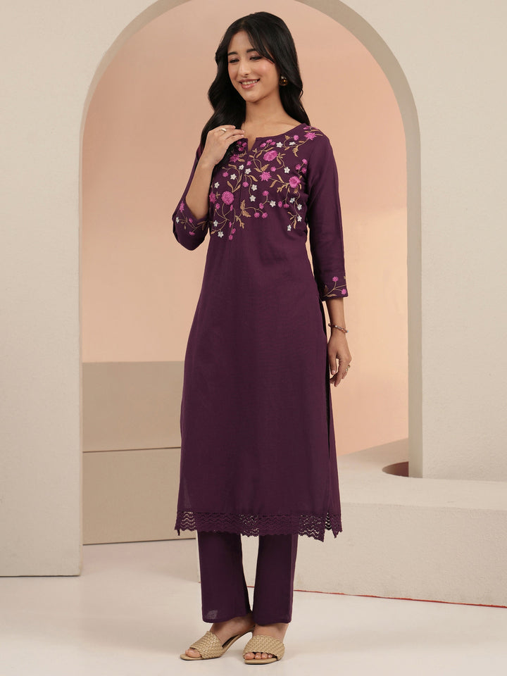 Libas Burgundy Floral Embroidered Cotton Straight Suit Set