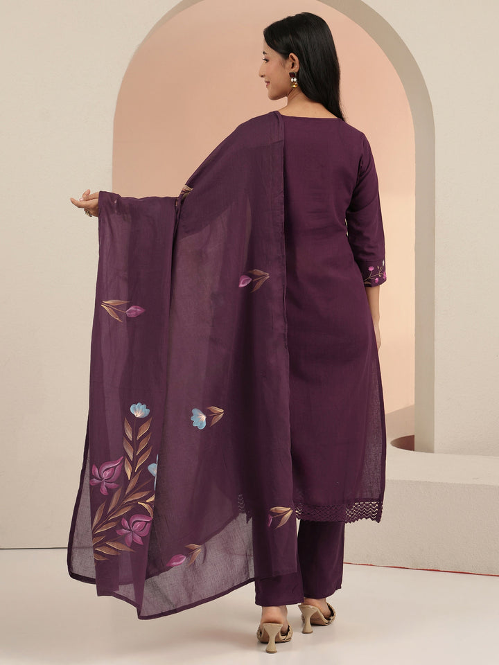 Libas Burgundy Floral Embroidered Cotton Straight Suit Set
