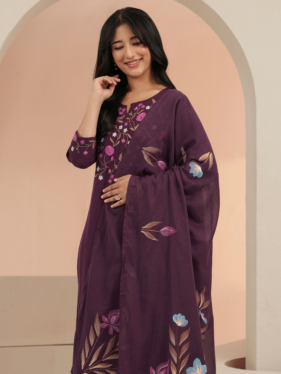 Libas Burgundy Floral Embroidered Cotton Straight Suit Set
