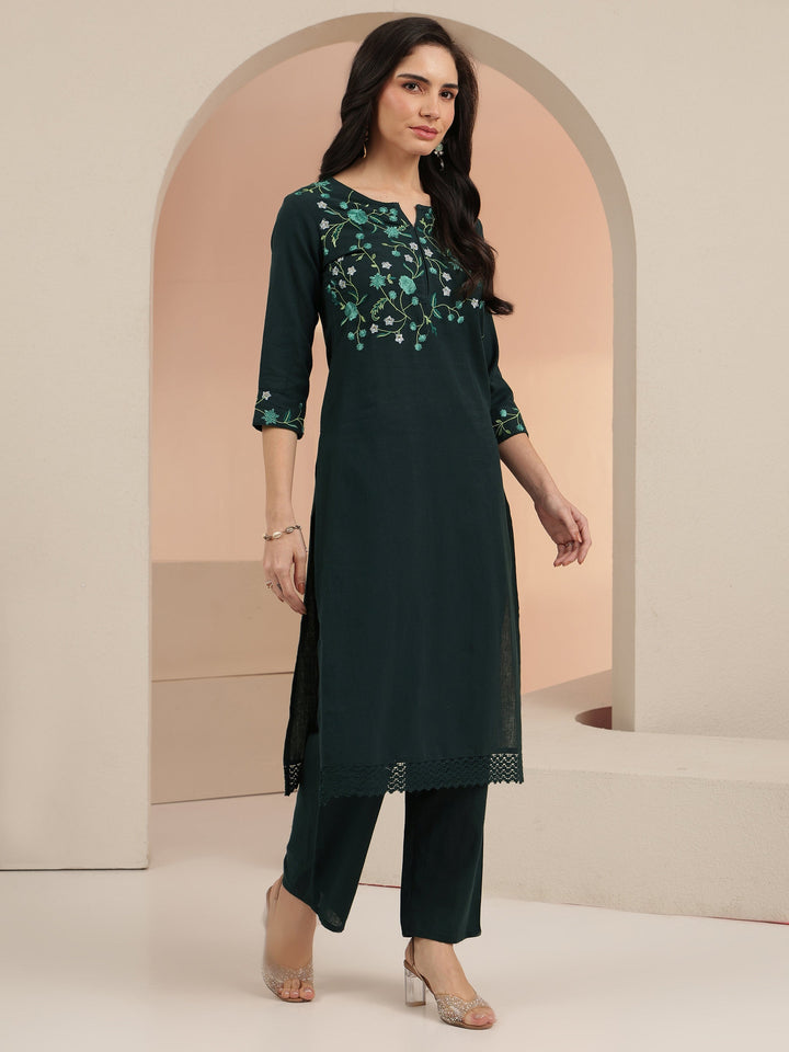 Libas Green Floral Embroidered Cotton Straight Suit Set