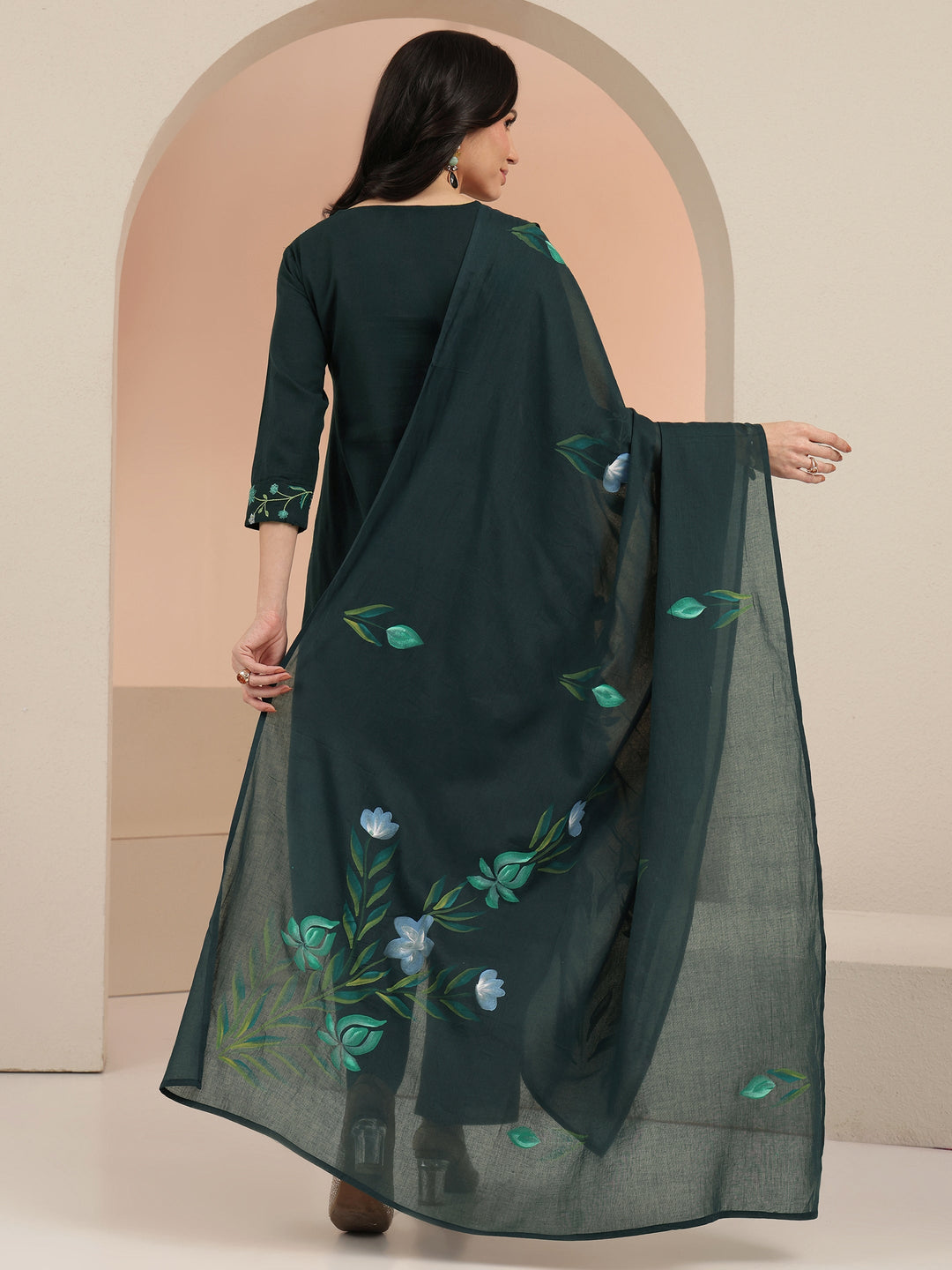 Libas Green Floral Embroidered Cotton Straight Suit Set