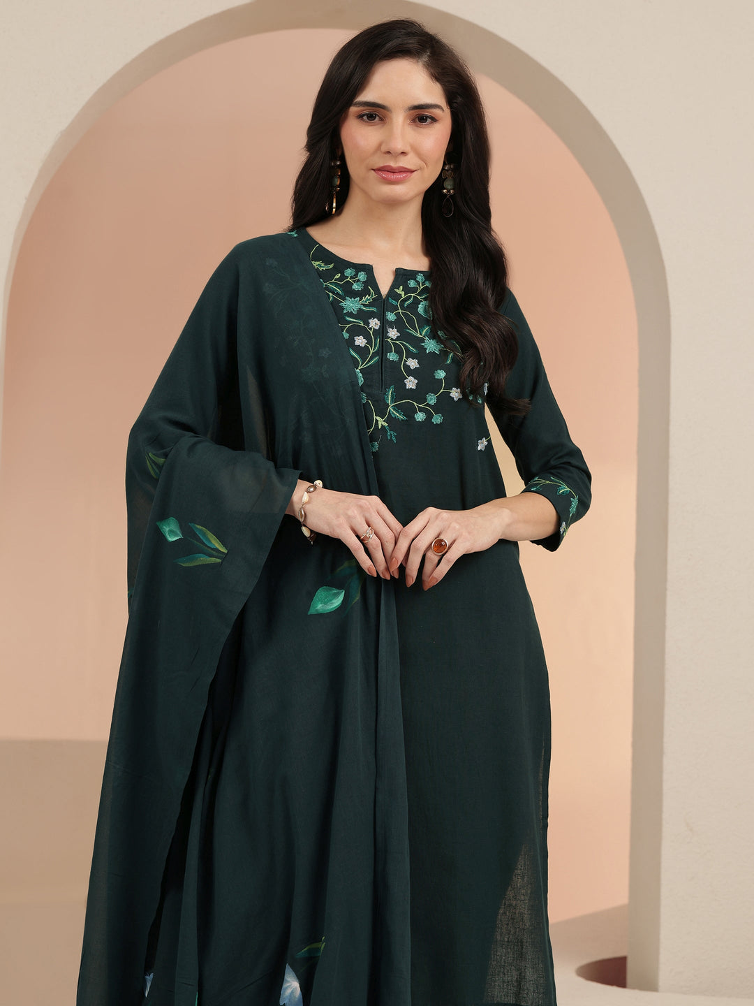 Libas Green Floral Embroidered Cotton Straight Suit Set