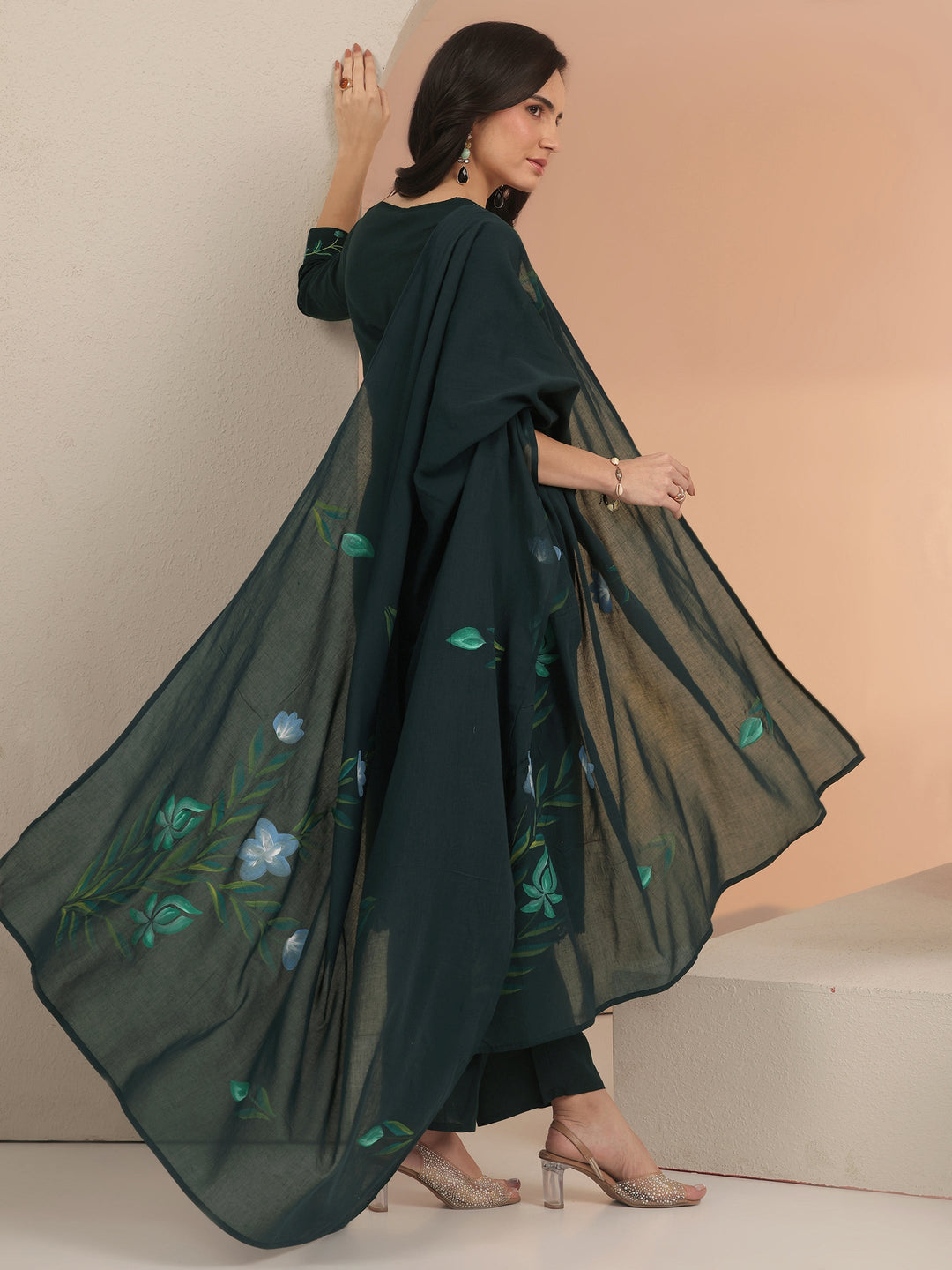 Libas Green Floral Embroidered Cotton Straight Suit Set