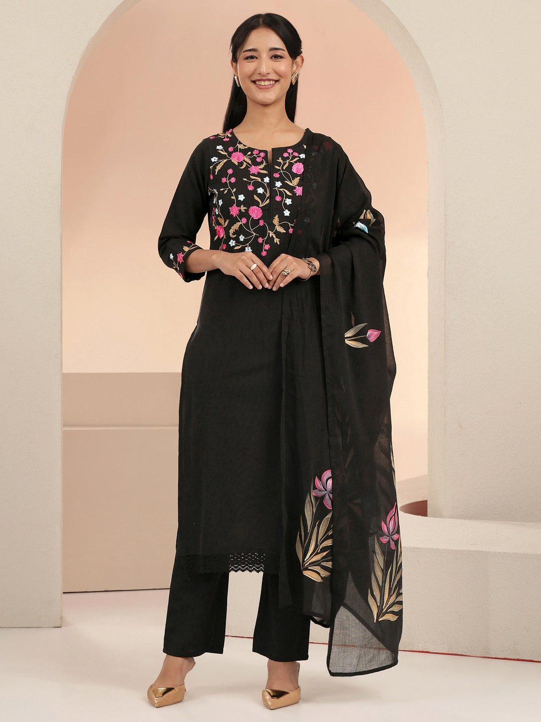 Libas Black Floral Embroidered Cotton Straight Suit Set