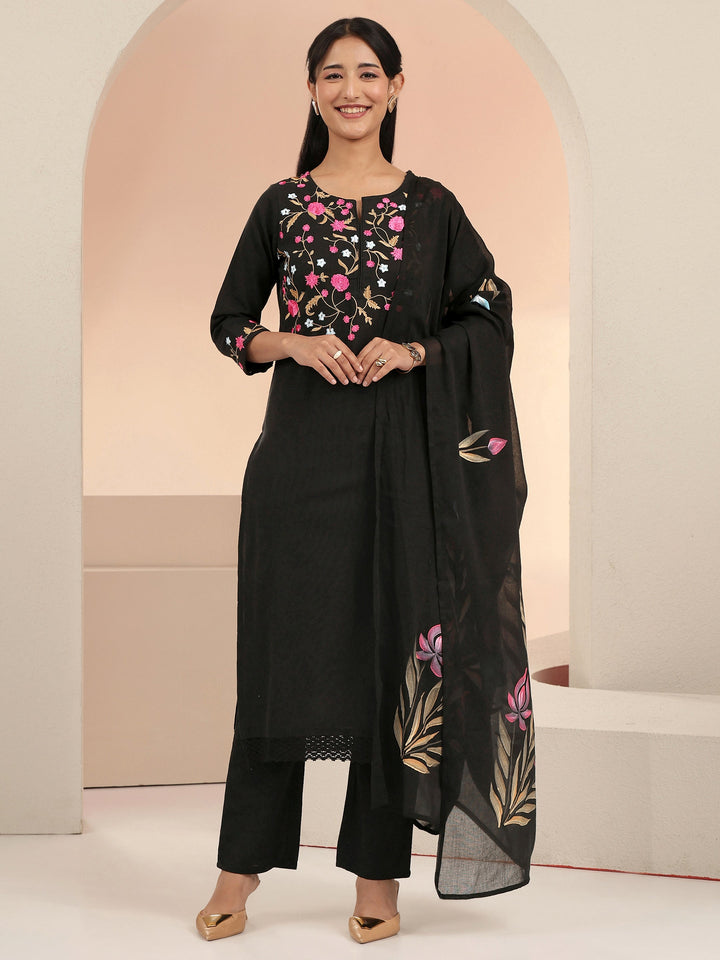 Libas Black Floral Embroidered Cotton Straight Suit Set