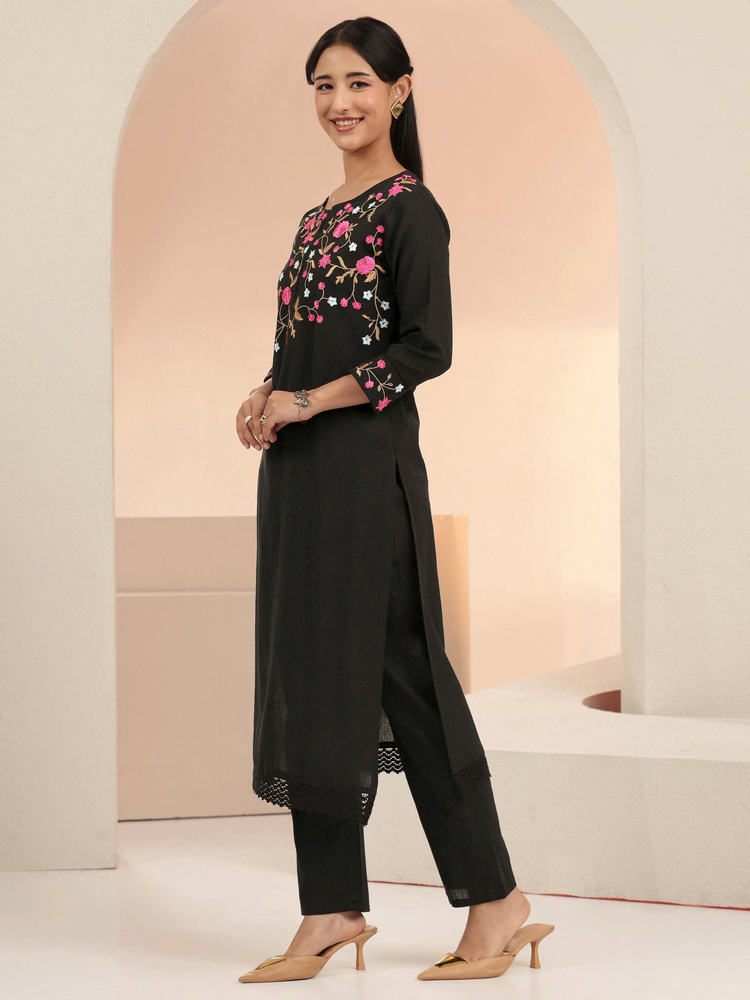 Libas Black Floral Embroidered Cotton Straight Suit Set