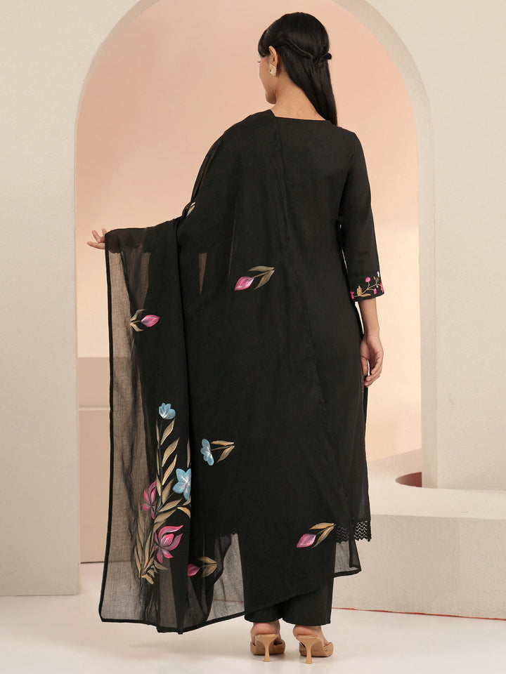 Libas Black Floral Embroidered Cotton Straight Suit Set