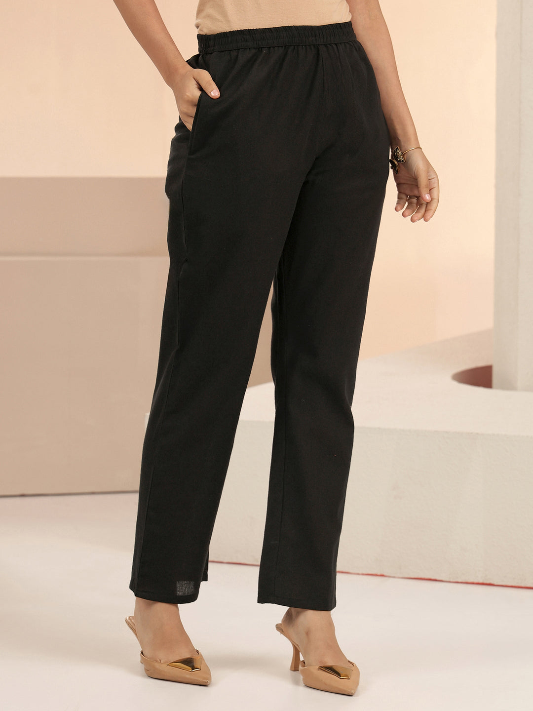 Libas Black Floral Embroidered Cotton Straight Suit Set
