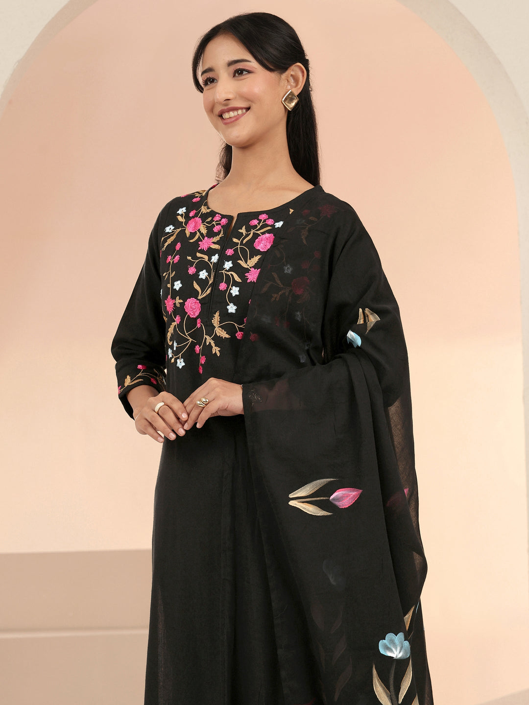 Libas Black Floral Embroidered Cotton Straight Suit Set
