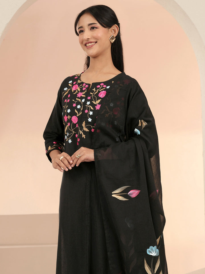 Libas Black Floral Embroidered Cotton Straight Suit Set