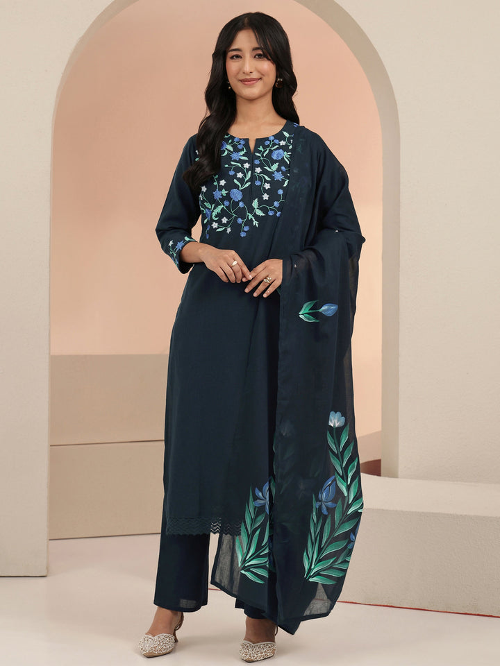 Libas Blue Floral Embroidered Cotton Straight Suit Set