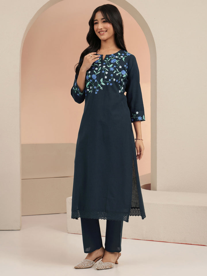 Libas Blue Floral Embroidered Cotton Straight Suit Set