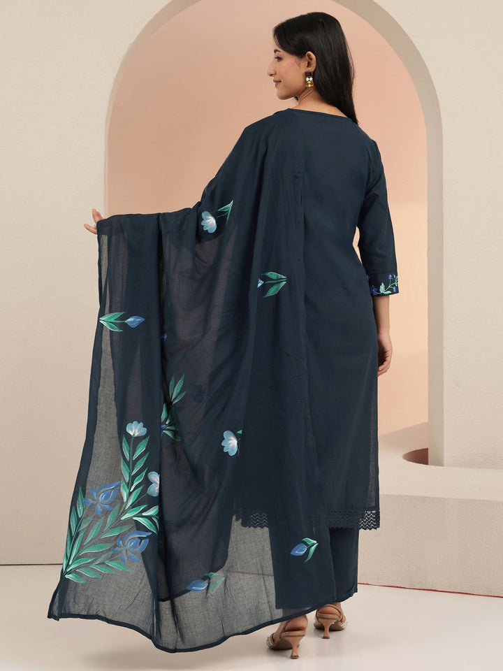 Libas Blue Floral Embroidered Cotton Straight Suit Set