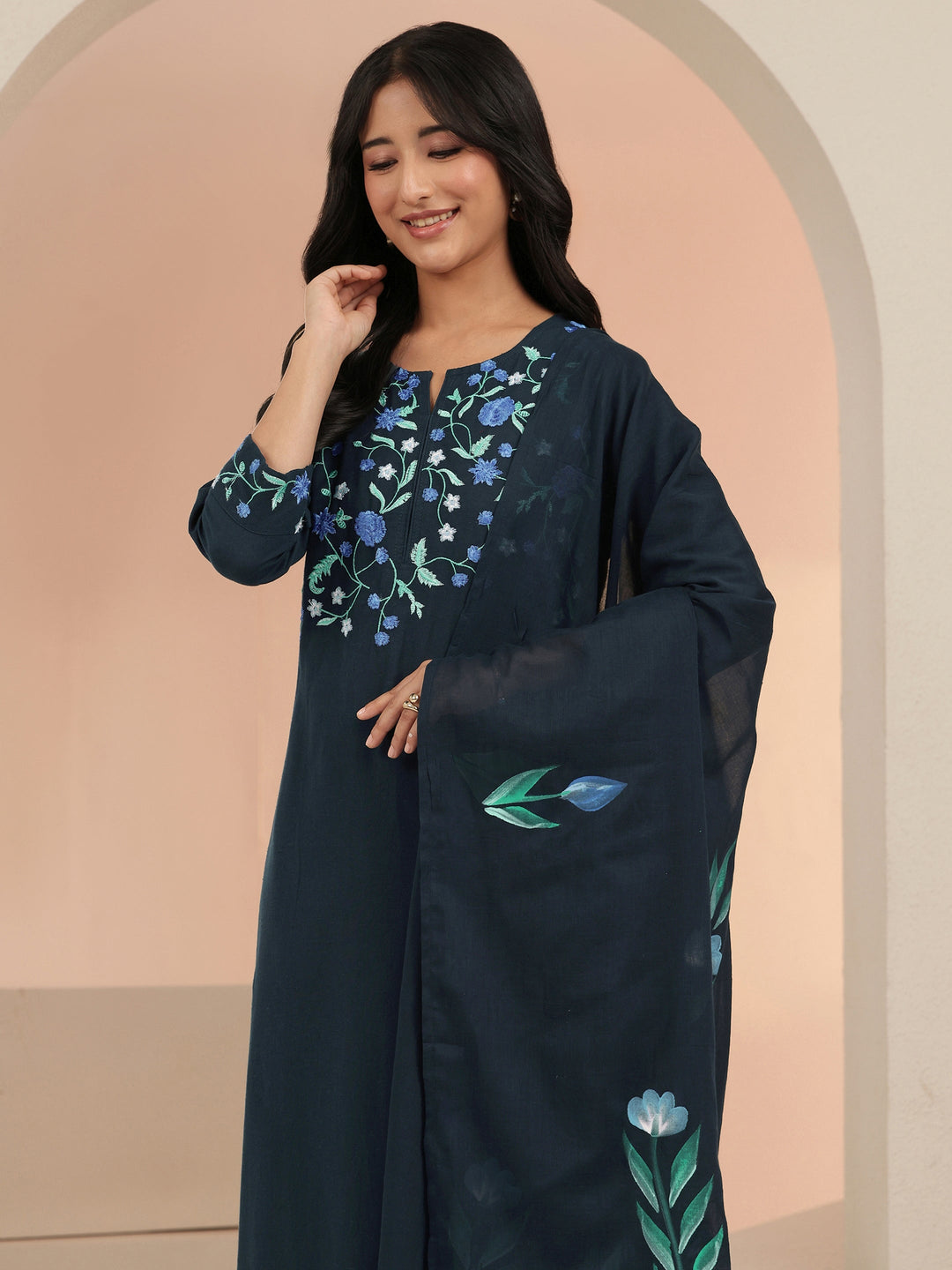 Libas Blue Floral Embroidered Cotton Straight Suit Set