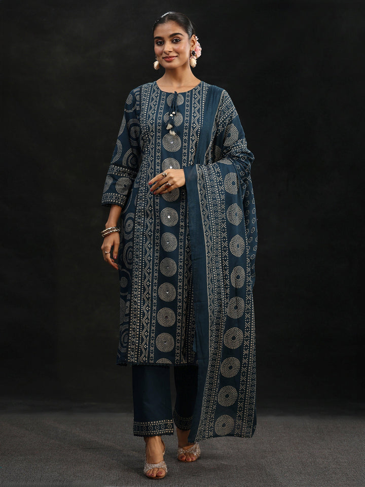 Libas Indigo Blue Bandhani Cotton Straight Suit Set
