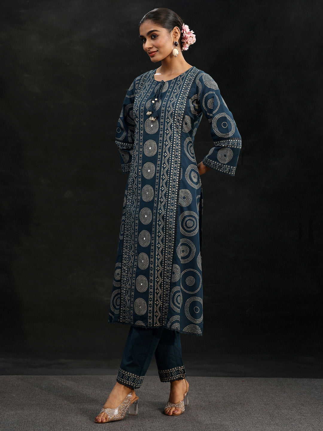Libas Indigo Blue Bandhani Cotton Straight Suit Set