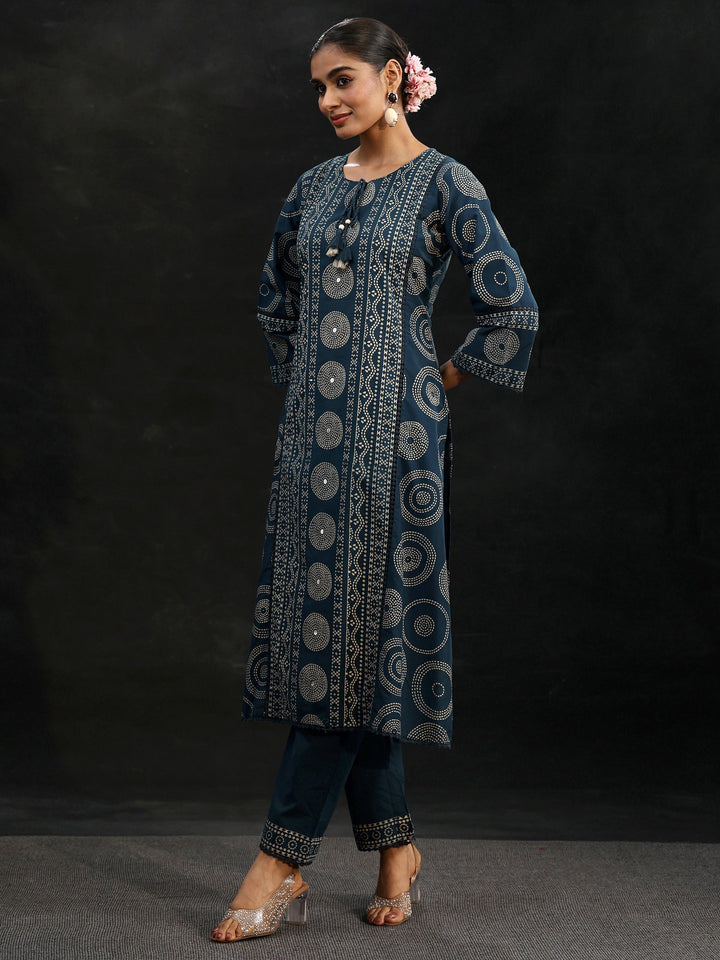 Libas Indigo Blue Bandhani Cotton Straight Suit Set