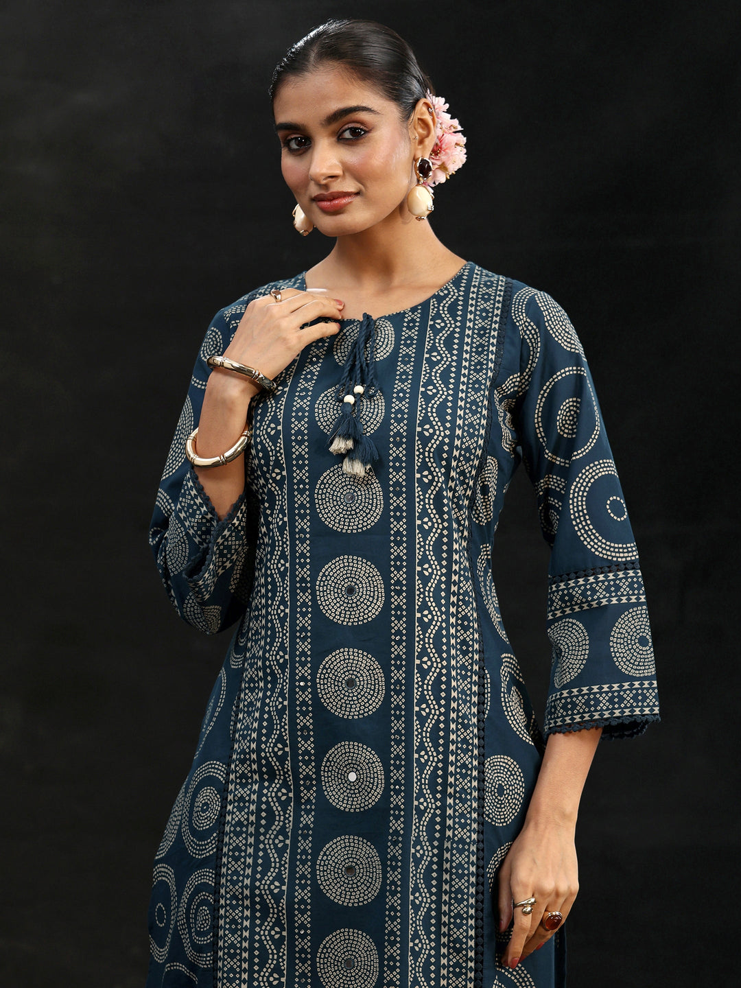 Libas Indigo Blue Bandhani Cotton Straight Suit Set