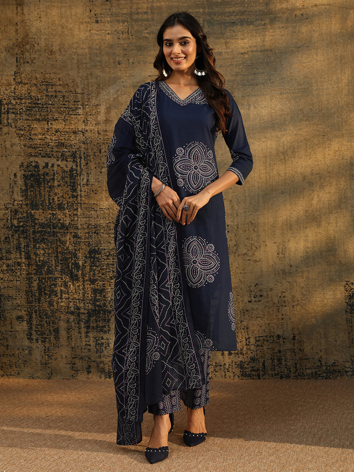 Libas Indigo Blue Bandhani Printed Cotton Straight Suit Set