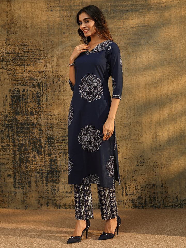 Libas Indigo Blue Bandhani Printed Cotton Straight Suit Set
