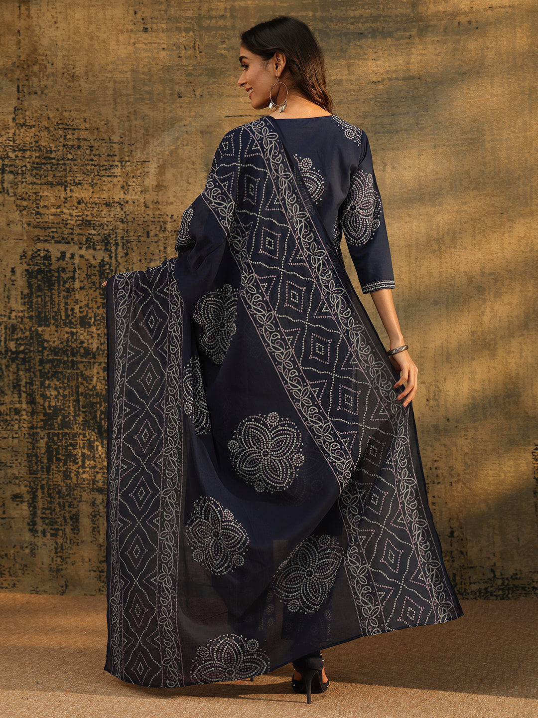 Libas Indigo Blue Bandhani Printed Cotton Straight Suit Set