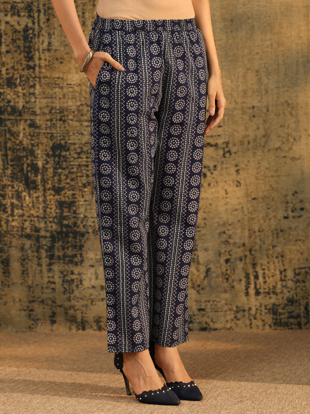 Libas Indigo Blue Bandhani Printed Cotton Straight Suit Set