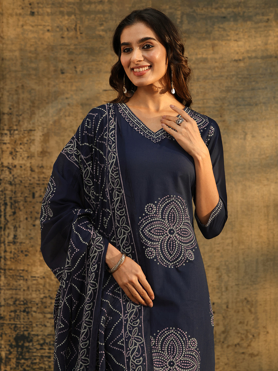 Libas Indigo Blue Bandhani Printed Cotton Straight Suit Set