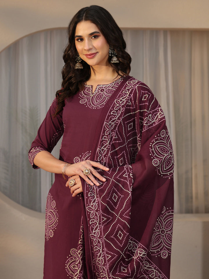Libas Burgundy Bandhani Printed Cotton Straight Suit Set