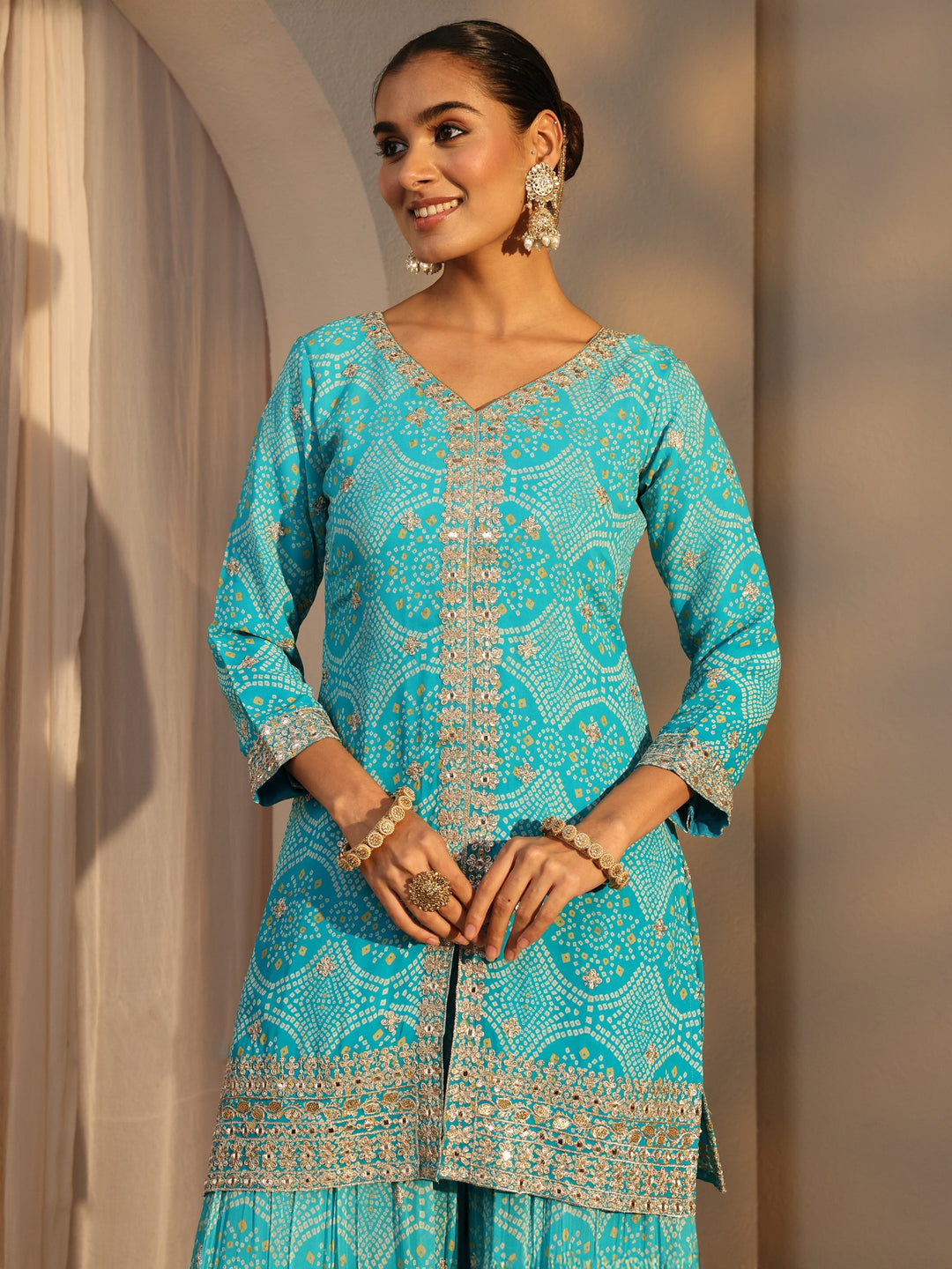Libas Art Blue Bandhani Printed Chinon Straight Suits Set With Dupatta