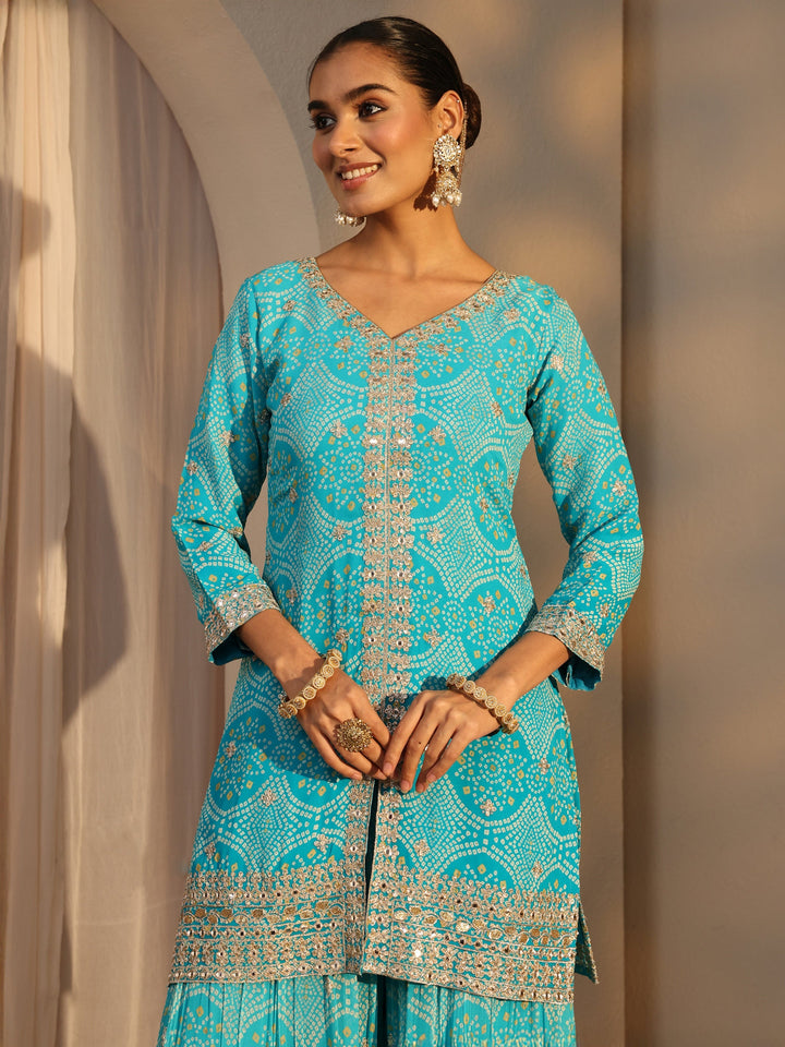 Libas Art Blue Bandhani Printed Chinon Straight Suits Set With Dupatta